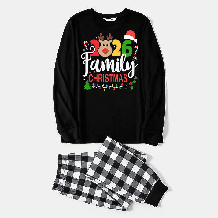 "Family Christmas 2026" Text and Deer Prints Black Long Sleeve Top with Black And White Plaid Pants Family Matching Pajamas