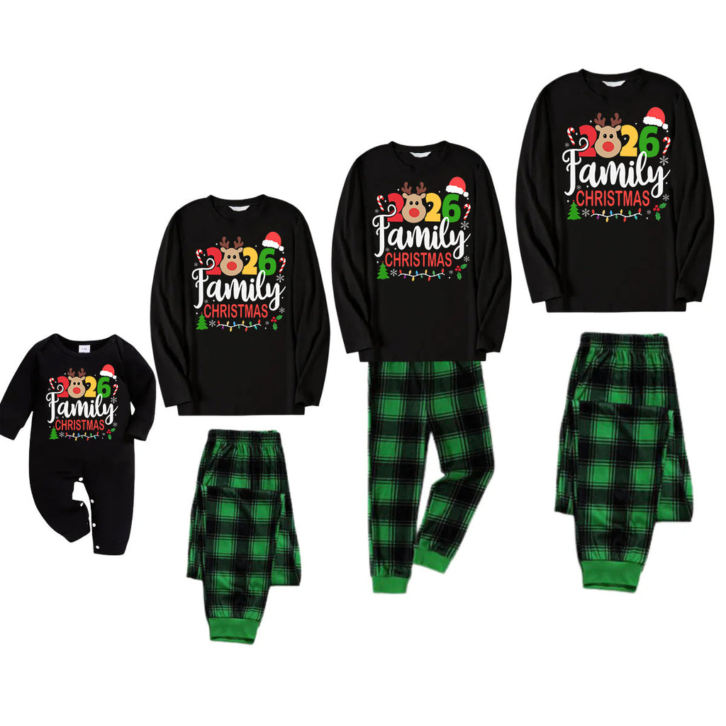 Cute Deer and "Family Christmas 2026" Print Black and Green Plaid Family Matching Pajamas