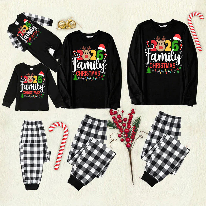"Family Christmas 2026" Text and Deer Prints Black Long Sleeve Top with Black And White Plaid Pants Family Matching Pajamas