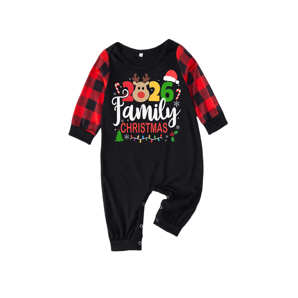 Cute Deer and "2026 Family Christmas" Text Print Black & Red Plaid Christmas Matching Pajamas