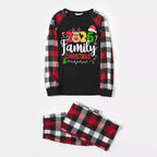 "2026 FAMILY CHRISTMAS " Colorful Text And Deer & Snowflake Printed Pattern - Black Top with Red&Black&White Plaid Sleeves - Family Matching Pajamas
