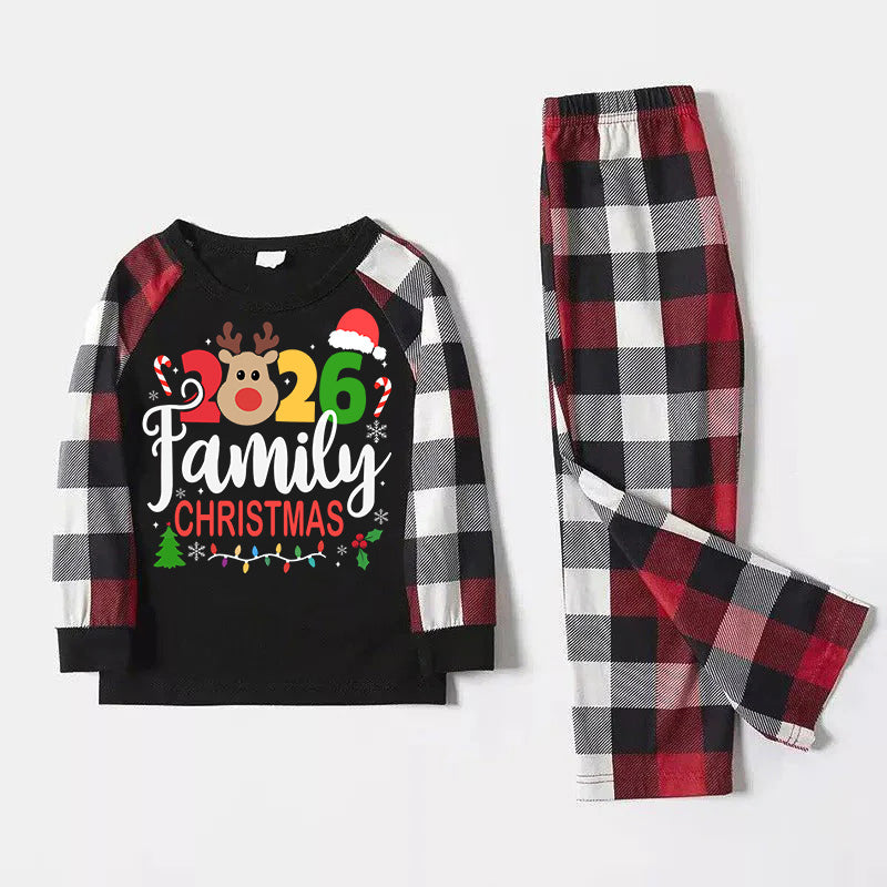 "2026 FAMILY CHRISTMAS " Colorful Text And Deer & Snowflake Printed Pattern - Black Top with Red&Black&White Plaid Sleeves - Family Matching Pajamas