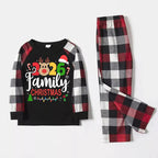 "2026 FAMILY CHRISTMAS " Colorful Text And Deer & Snowflake Printed Pattern - Black Top with Red&Black&White Plaid Sleeves - Family Matching Pajamas