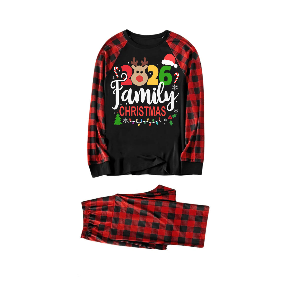 Cute Deer and "2026 Family Christmas" Text Print Black & Red Plaid Christmas Matching Pajamas