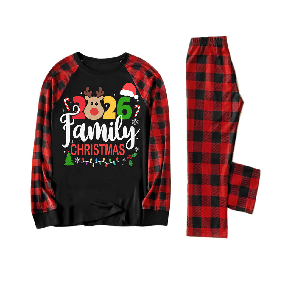 Cute Deer and "2026 Family Christmas" Text Print Black & Red Plaid Christmas Matching Pajamas