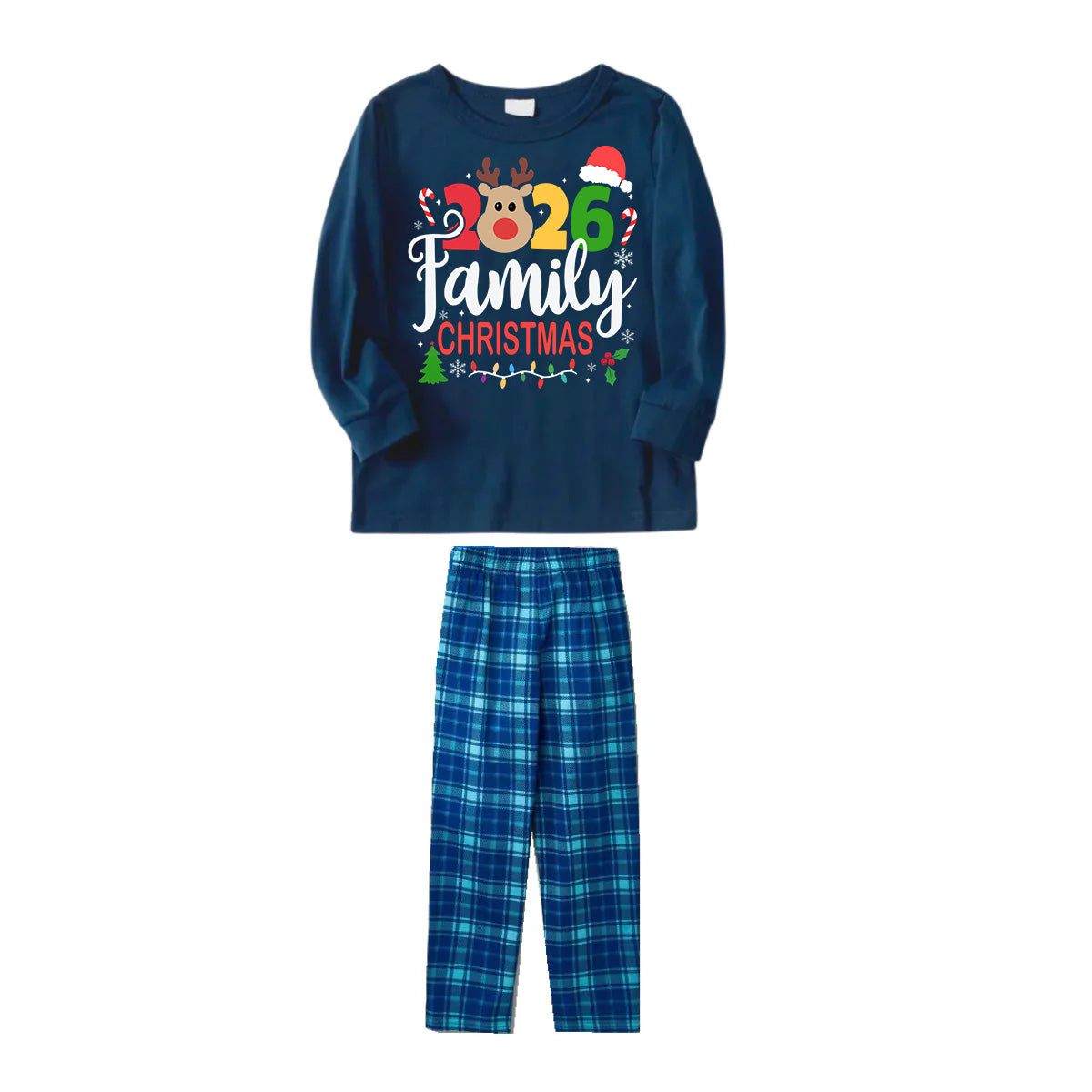 "Family Christmas 2026" Text and Deer Prints Blue Long Sleeve Top With Blue Plaid Family Matching Pajamas