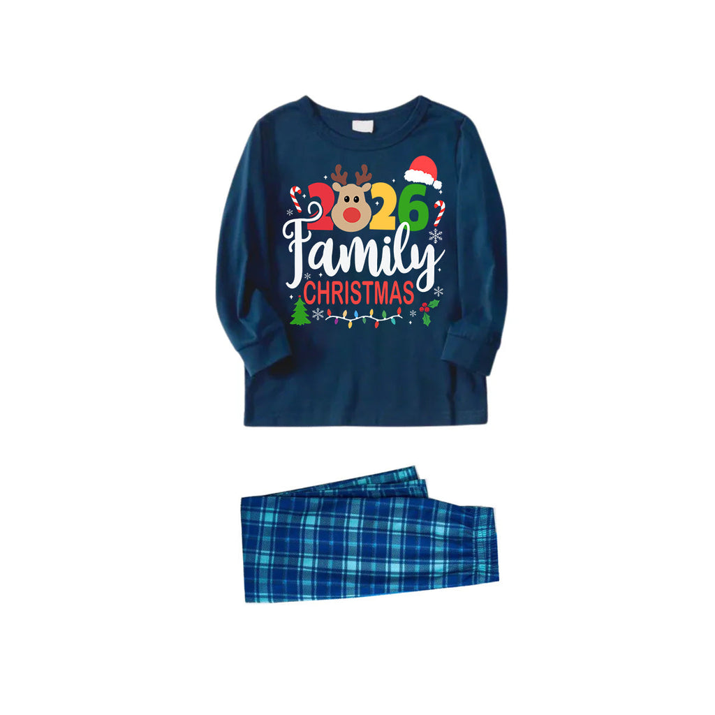 "Family Christmas 2026" Text and Deer Prints Blue Long Sleeve Top With Blue Plaid Family Matching Pajamas
