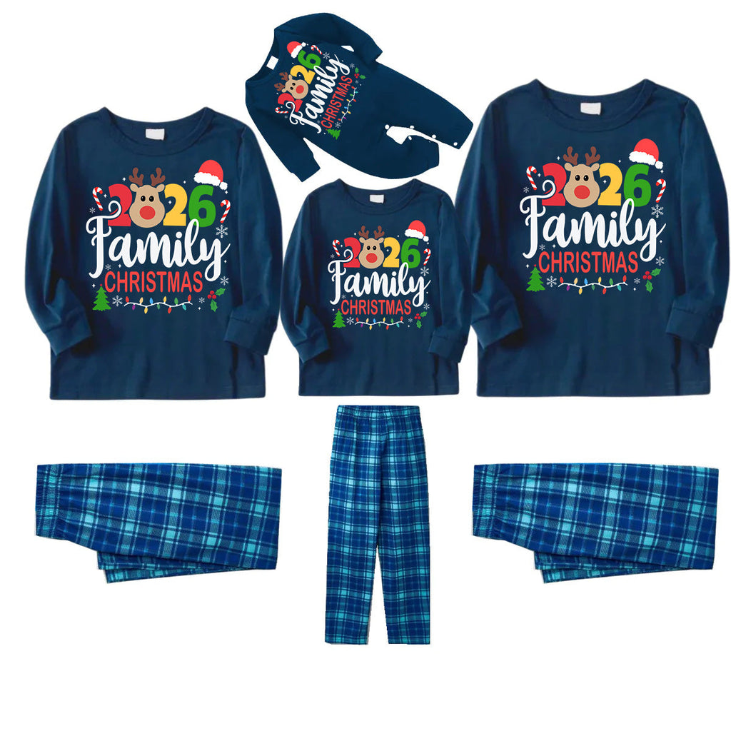 "Family Christmas 2026" Text and Deer Prints Blue Long Sleeve Top With Blue Plaid Family Matching Pajamas