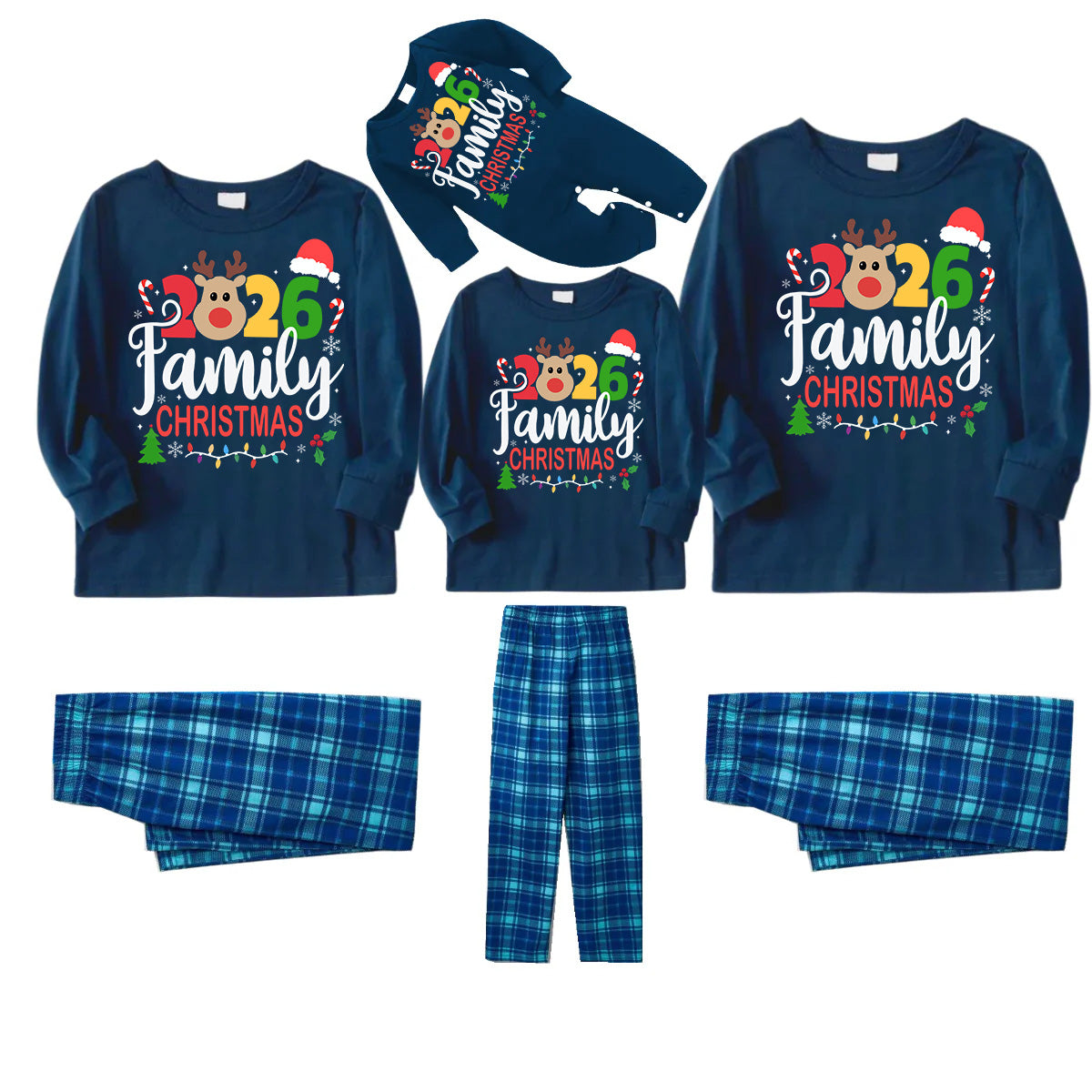 "Family Christmas 2026" Text and Deer Prints Blue Long Sleeve Top With Blue Plaid Family Matching Pajamas