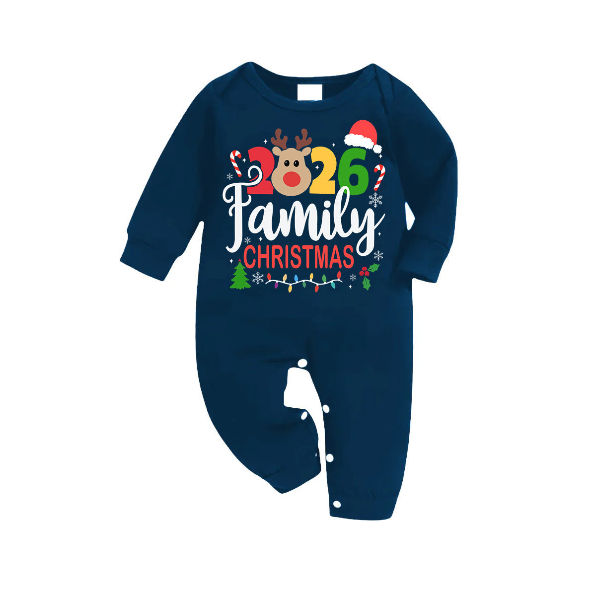 "Family Christmas 2026" Text and Deer Prints Blue Long Sleeve Top With Blue Plaid Family Matching Pajamas