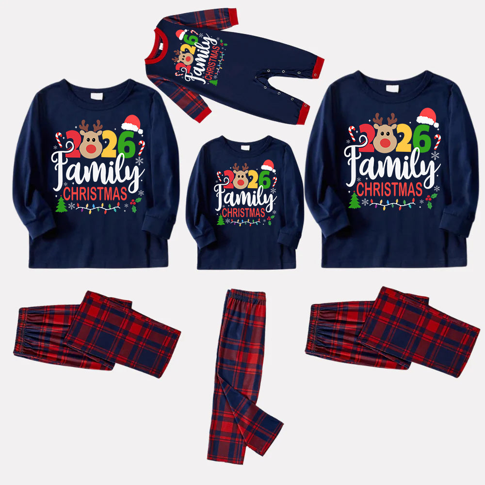 "Family Christmas 2026" Text and Deer Prints Blue Long Sleeves Top with Red and Blue Plaid Pants Christmas Matching Pajamas