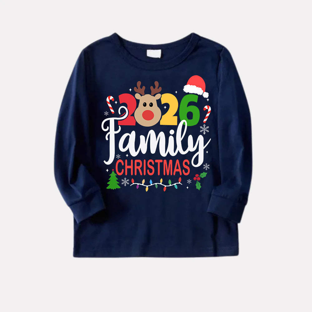 "Family Christmas 2026" Text and Deer Prints Blue Long Sleeves Top with Red and Blue Plaid Pants Christmas Matching Pajamas