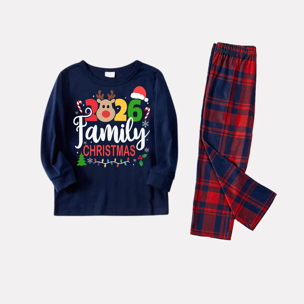 "Family Christmas 2026" Text and Deer Prints Blue Long Sleeves Top with Red and Blue Plaid Pants Christmas Matching Pajamas