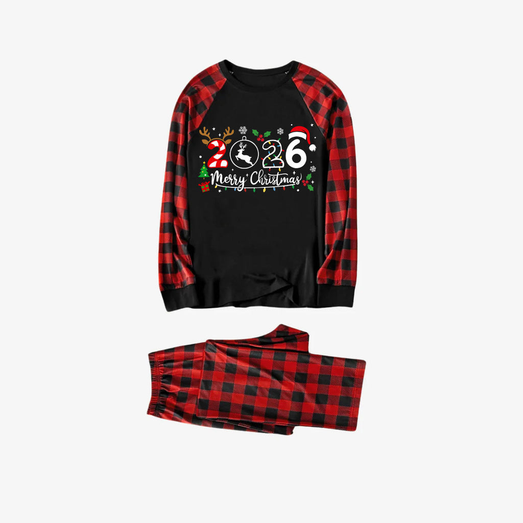 "2026 Merry Christmas" Text Print Black & Red Plaid Christmas Matching Pajamas