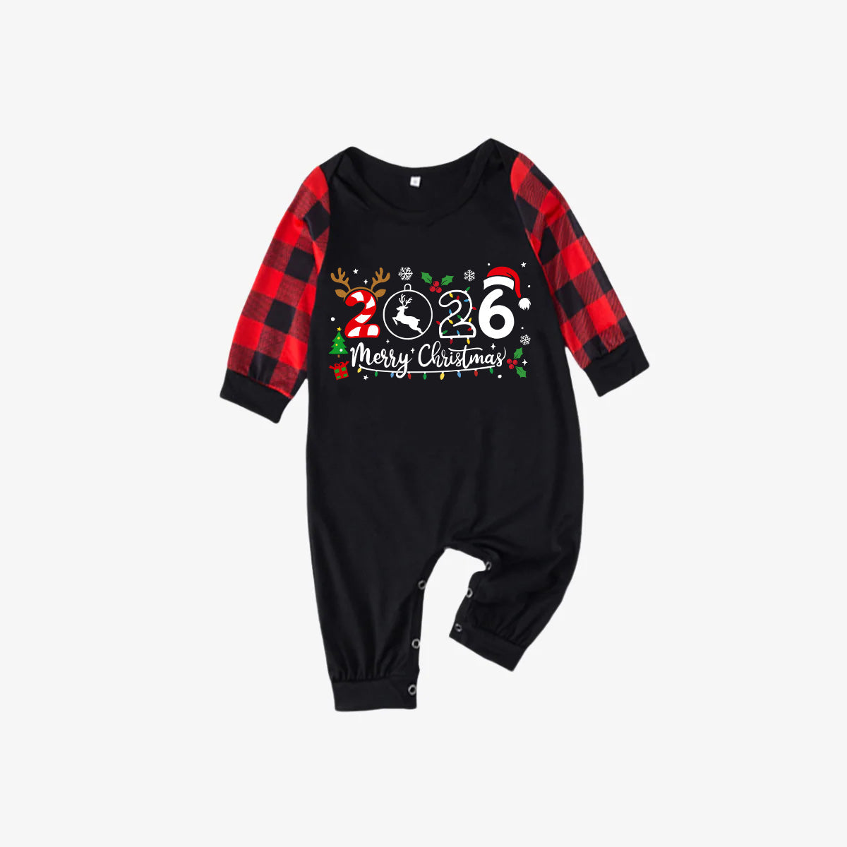 "2026 Merry Christmas" Text Print Black & Red Plaid Christmas Matching Pajamas