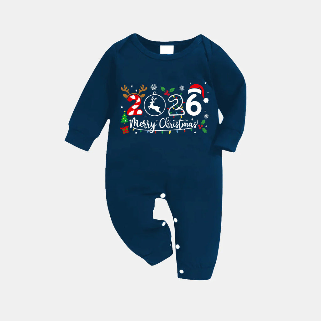 "Merry Christmas 2026" Text Prints Blue Long Sleeve Top With Blue Plaid Family Matching Pajamas