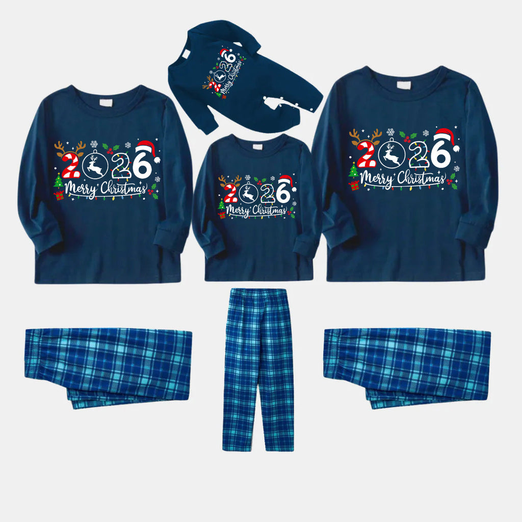 "Merry Christmas 2026" Text Prints Blue Long Sleeve Top With Blue Plaid Family Matching Pajamas