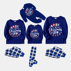 "2026 Christmas Crew" Text and Christmas Pattern Printed Blue and White Plaid Family Matching Pajamas