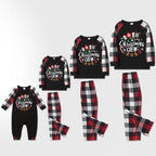 "2026 Christmas CREW " Text Printed Pattern - Black Top with Red&Black&White Plaid Sleeves - Family Matching Pajamas