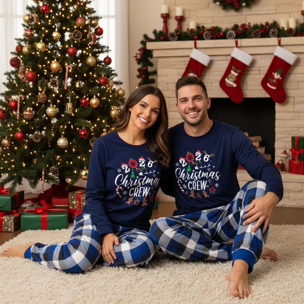 Couple Matching Pajamas With "2026 Christmas Crew" Text and Christmas Pattern Printed