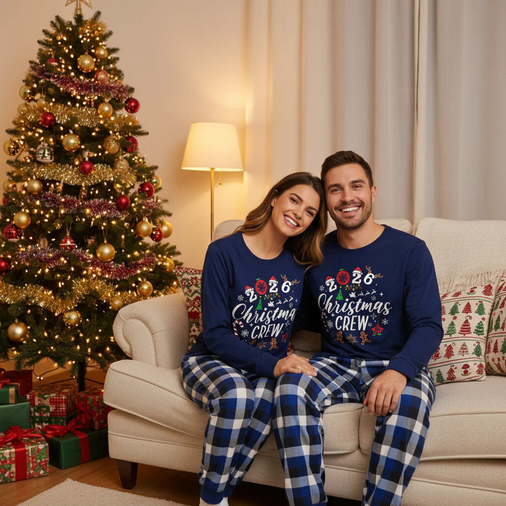 Couple Matching Pajamas With "2026 Christmas Crew" Text and Christmas Pattern Printed
