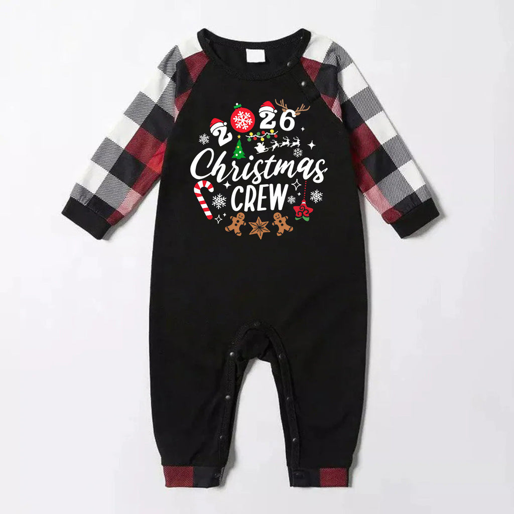 "2026 Christmas CREW " Text Printed Pattern - Black Top with Red&Black&White Plaid Sleeves - Family Matching Pajamas