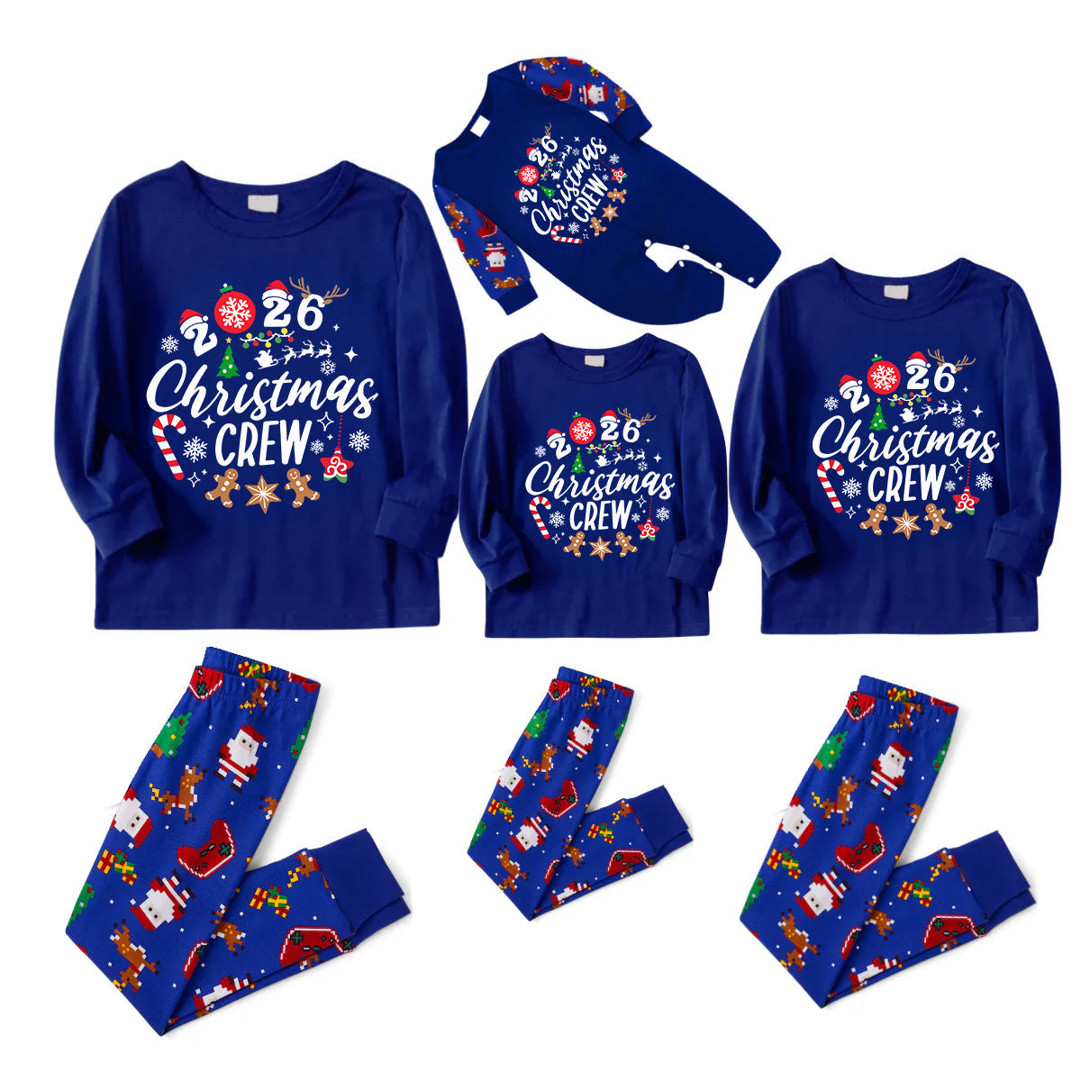 Christmas Crew 2026 Family Pajamas Set - Blue Top, Blue Pants, Blue Christmas Cartoon Sleeves, Gingerbread Candy Print