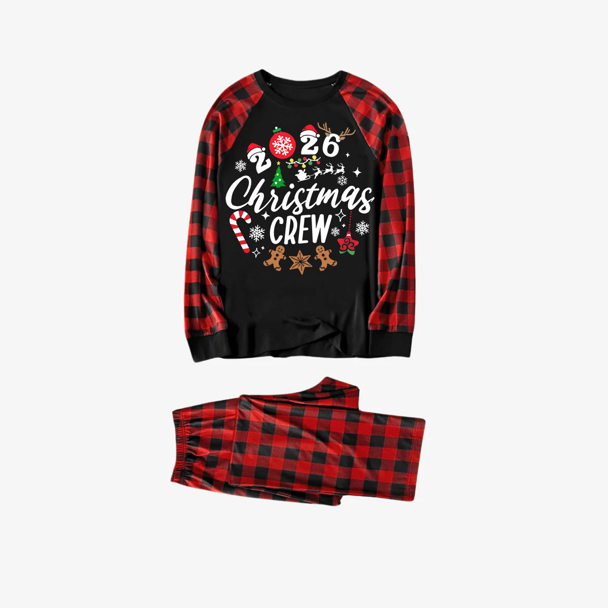 "2026 Christmas Crew" Text Print Black & Red Plaid Christmas Matching Pajamas