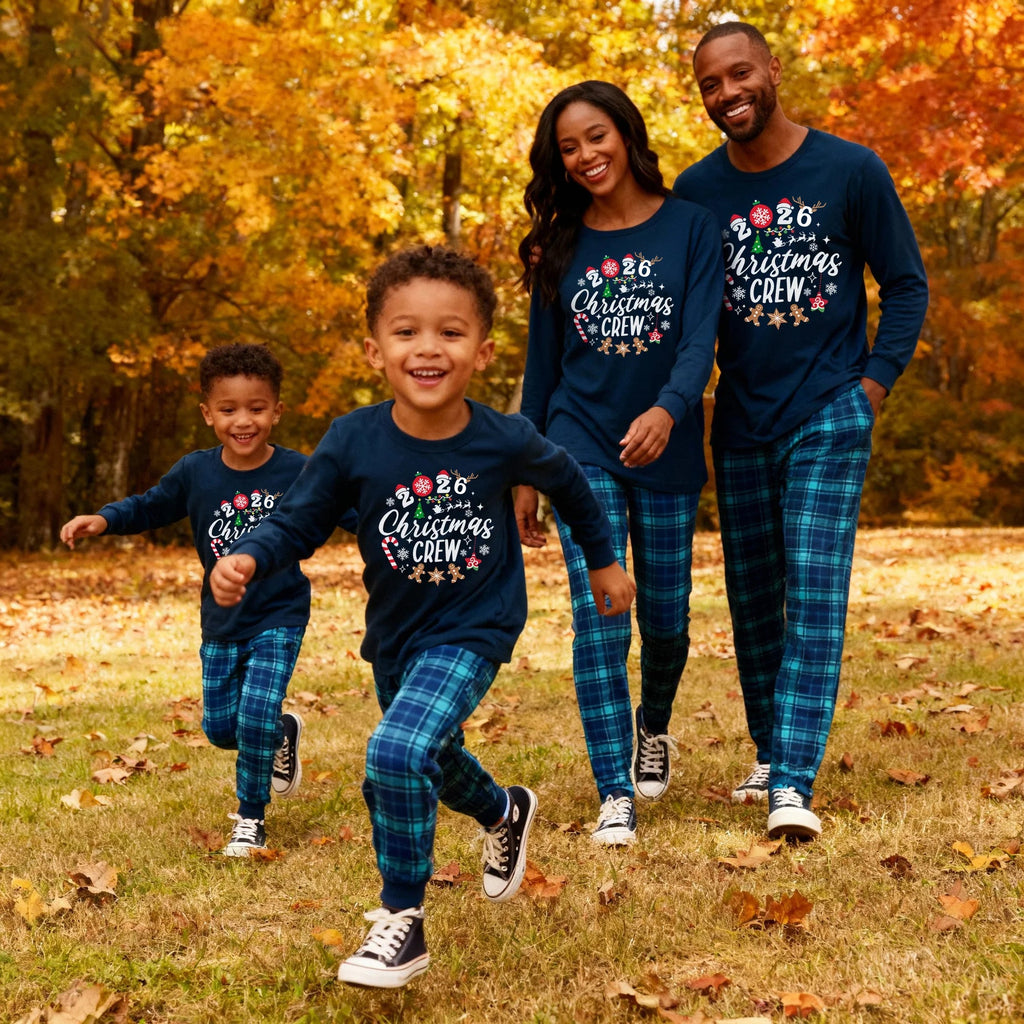 2026 Christmas Crew Making Memories Together Text Print Blue Long Sleeve Top With Blue Plaid Family Matching Pajamas
