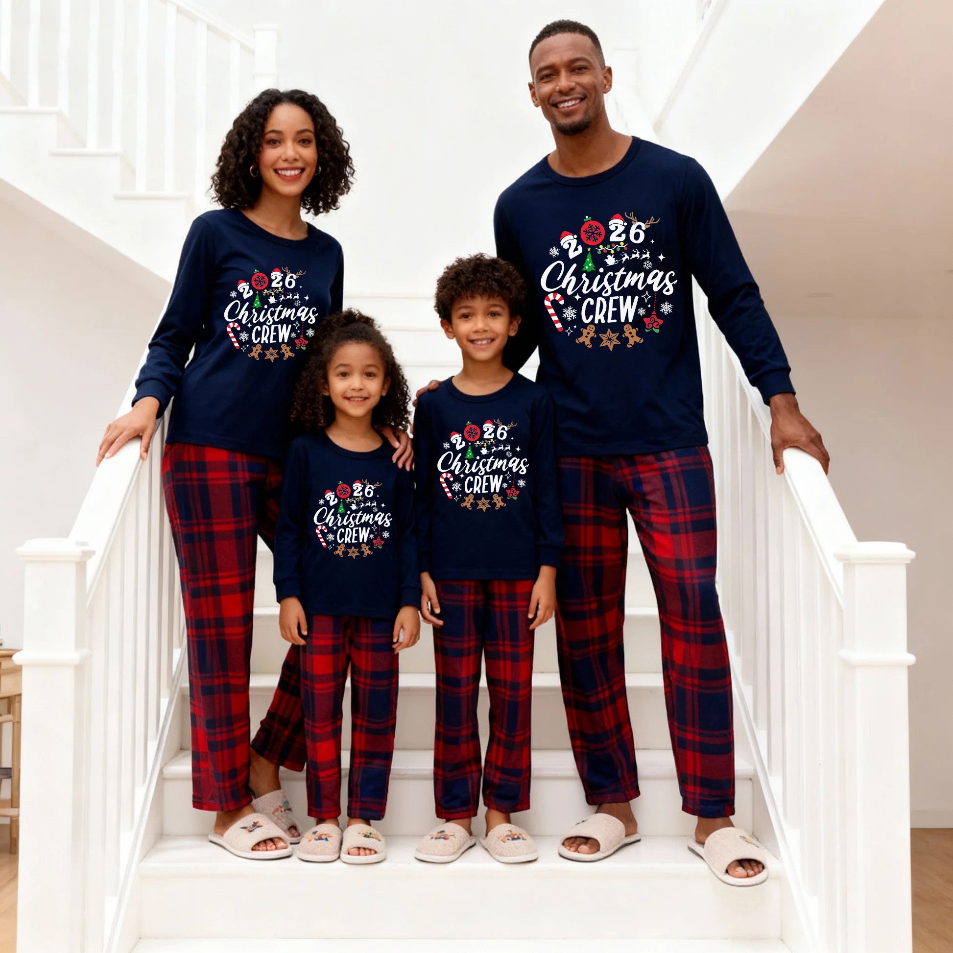 "2026 Christmas Crew" Text and Santa Hat Prints Blue Long Sleeves Top with Red and Blue Plaid Pants Christmas Matching Pajamas