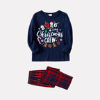 "2026 Christmas Crew" Text and Santa Hat Prints Blue Long Sleeves Top with Red and Blue Plaid Pants Christmas Matching Pajamas