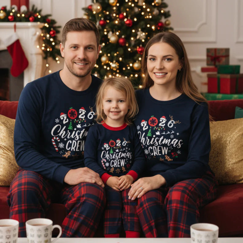 "2026 Christmas Crew" Text and Santa Hat Prints Blue Long Sleeves Top with Red and Blue Plaid Pants Christmas Matching Pajamas