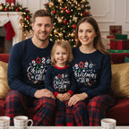 "2026 Christmas Crew" Text and Santa Hat Prints Blue Long Sleeves Top with Red and Blue Plaid Pants Christmas Matching Pajamas