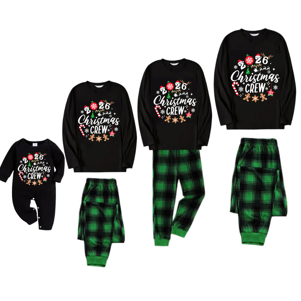 "2026 Christmas Crew" Text Printed Black and Green Plaid Family Matching Pajamas