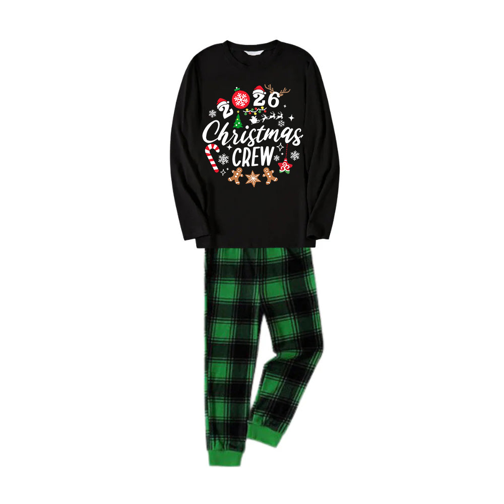 "2026 Christmas Crew" Text Printed Black and Green Plaid Family Matching Pajamas