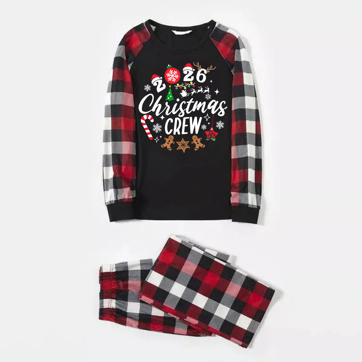"2026 Christmas CREW " Text Printed Pattern - Black Top with Red&Black&White Plaid Sleeves - Family Matching Pajamas