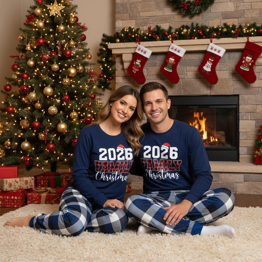 Couple Matching Blue Plaid Pajamas With "2026 Family Christmas" Text Printed