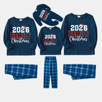 2026 Family Christmas Text Print Blue Long Sleeve Top With Blue Plaid Family Matching Pajamas