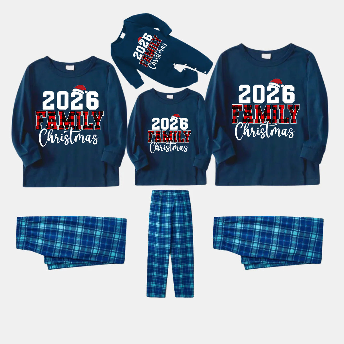 2026 Family Christmas Text Print Blue Long Sleeve Top With Blue Plaid Family Matching Pajamas