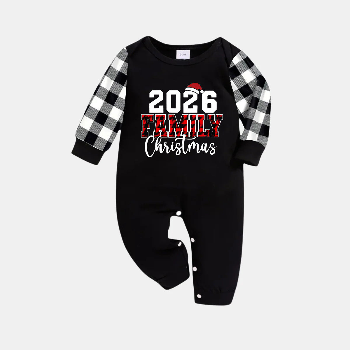 2026 Family Christmas Text Print Black Long Sleeve Top with Black And White Plaid Pants Family Matching Pajamas