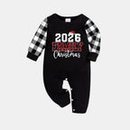 2026 Family Christmas Text Print Black Long Sleeve Top with Black And White Plaid Pants Family Matching Pajamas