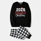 2026 Family Christmas Text Print Black Long Sleeve Top with Black And White Plaid Pants Family Matching Pajamas