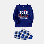 Couple Matching Blue Plaid Pajamas With "2026 Family Christmas" Text Printed