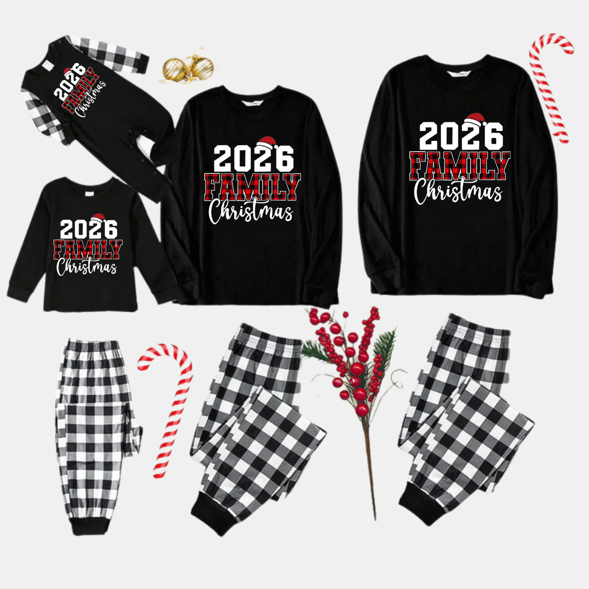 2026 Family Christmas Text Print Black Long Sleeve Top with Black And White Plaid Pants Family Matching Pajamas