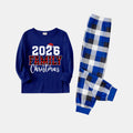 Couple Matching Blue Plaid Pajamas With "2026 Family Christmas" Text Printed