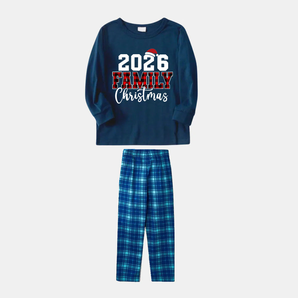 2026 Family Christmas Text Print Blue Long Sleeve Top With Blue Plaid Family Matching Pajamas