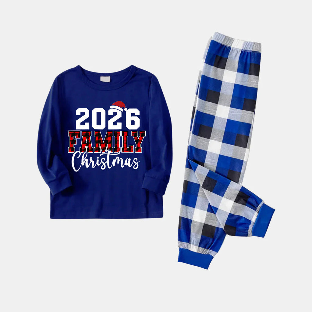 Couple Matching Blue Plaid Pajamas With "2026 Family Christmas" Text Printed