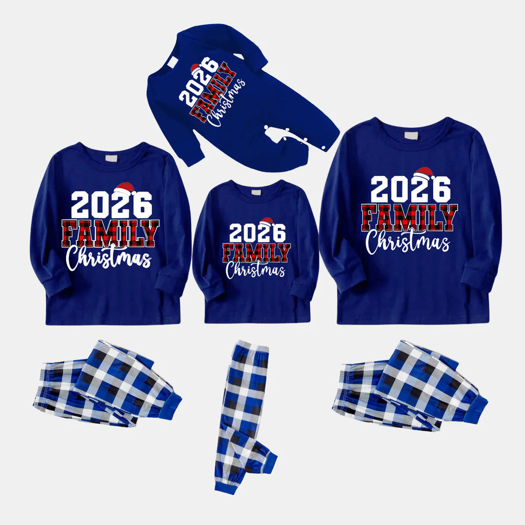 "2026 Family Christmas" Text Printed  Blue and White Plaid Family Matching Pajamas