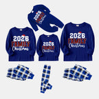 "2026 Family Christmas" Text Printed  Blue and White Plaid Family Matching Pajamas
