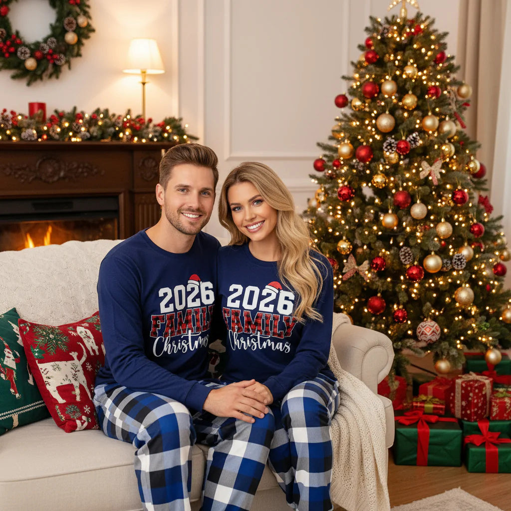 Couple Matching Blue Plaid Pajamas With "2026 Family Christmas" Text Printed